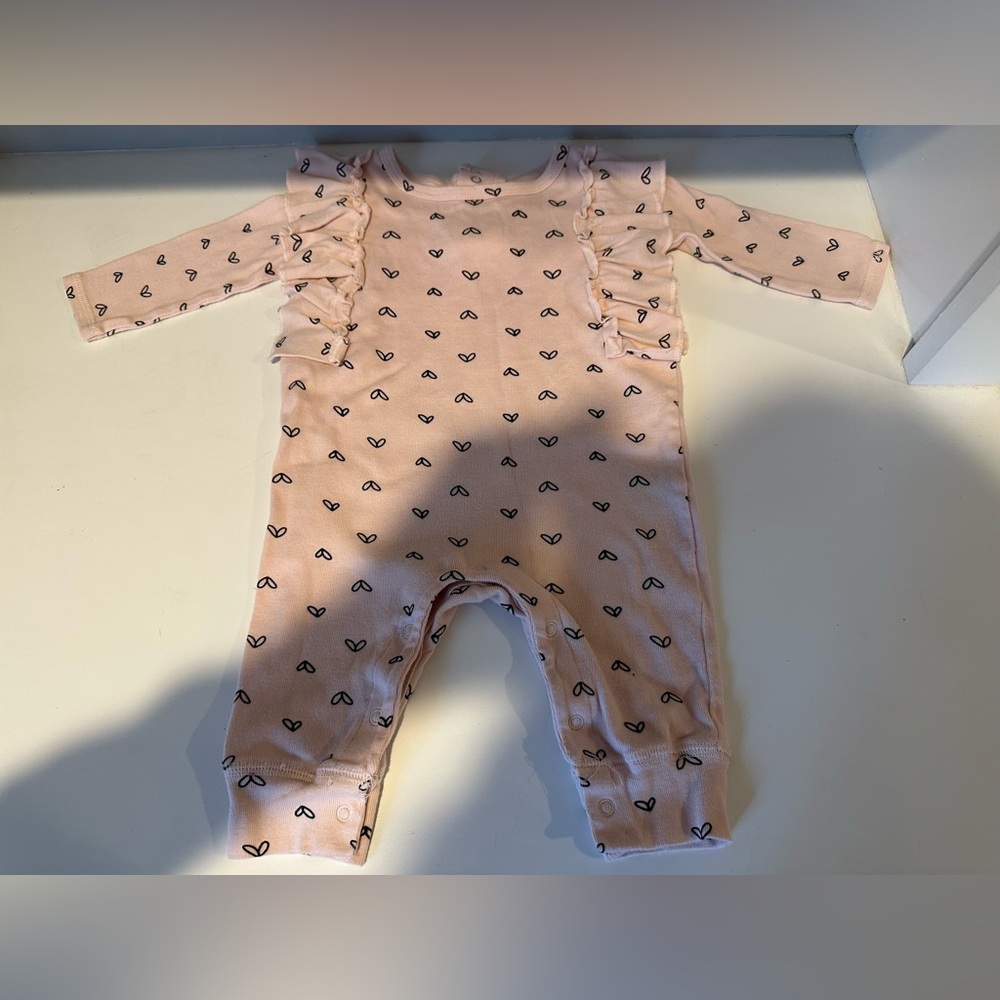 BOGO ALL BABY Lamaze Baby Girl Romper Light Pink Black Hearts Ruffle Sleeve - 6M